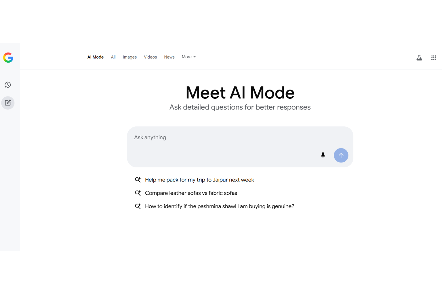Google AI Mode interface showing smart query examples