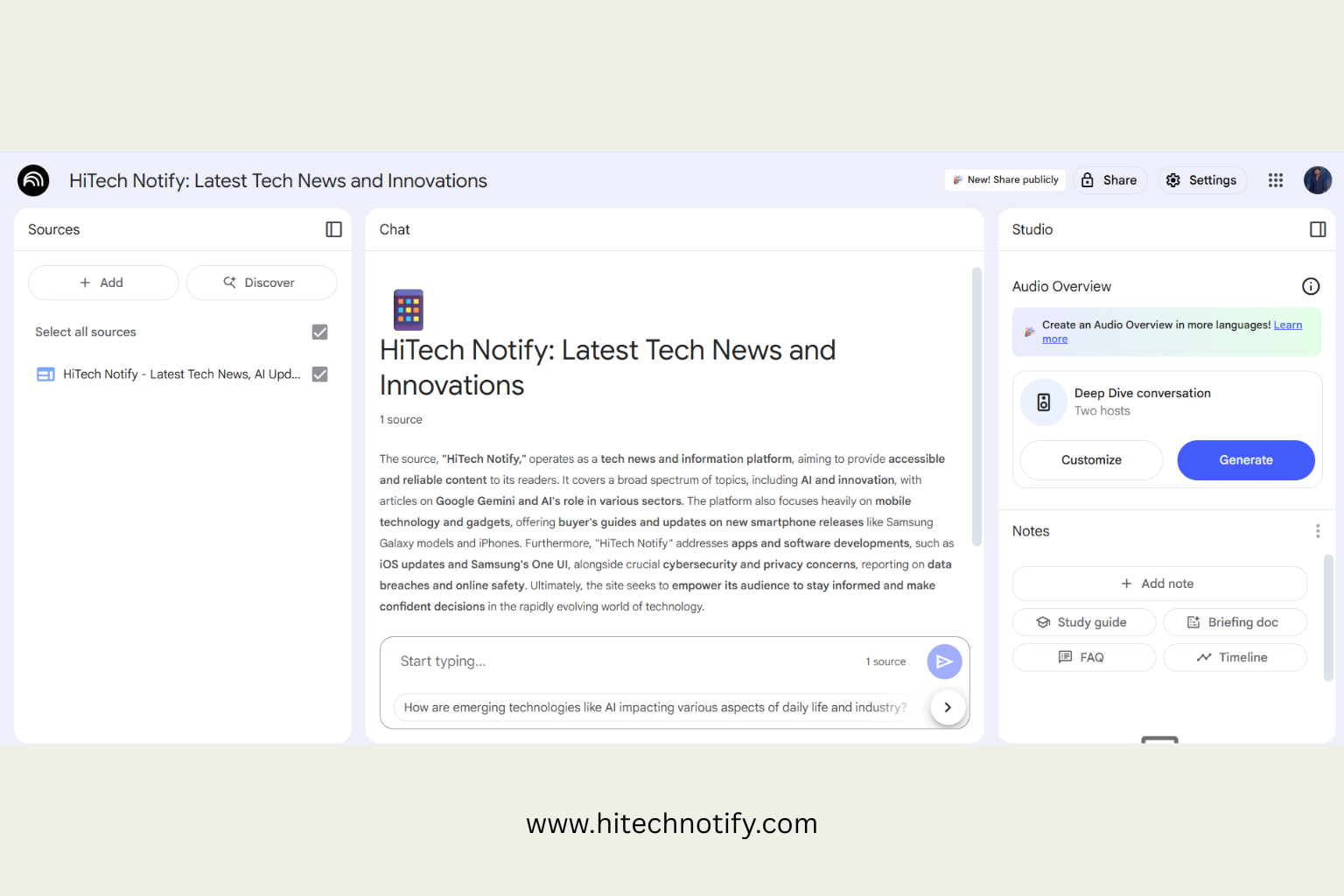 Screenshot of HiTech Notify’s custom notebook in Google NotebookLM showing AI-generated summaries and content tools for tech articles.